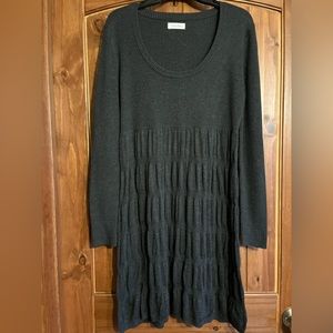 Calvin Klein dark grey sweater dress. No “size” tag but it is XL.